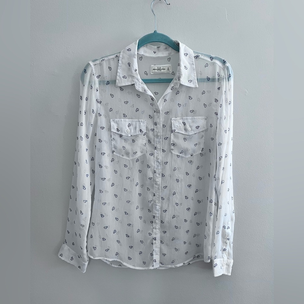 Lightweight White Button-Down Shirt with Navy Floral Print